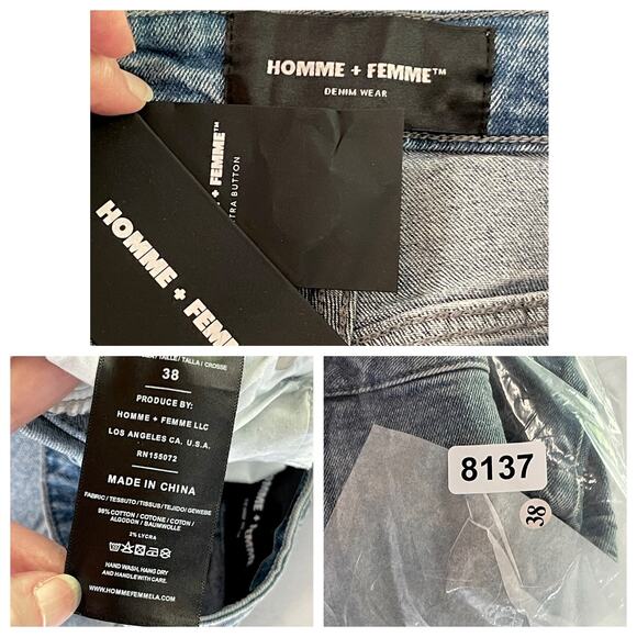 Homme + Femme Mens Hand Painted Logo Distressed Jean Shorts Sz 38 Denim Blue - Picture 10 of 10